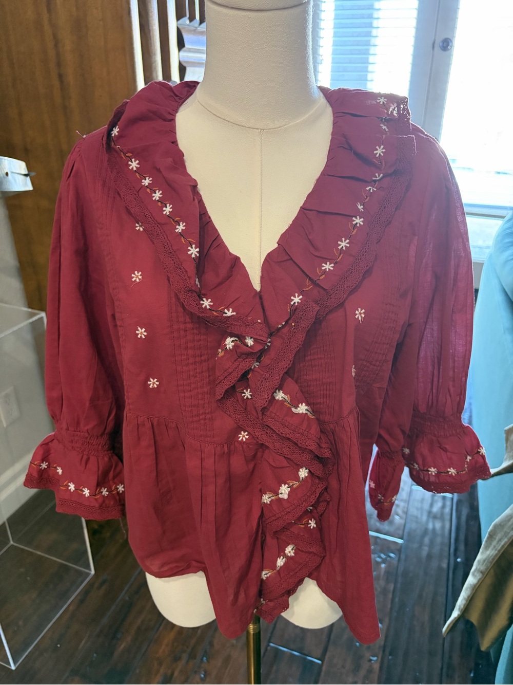 EUC, PM, Lucky &Coco Ruffled Embroidered Peasant Top - Deep Berry
